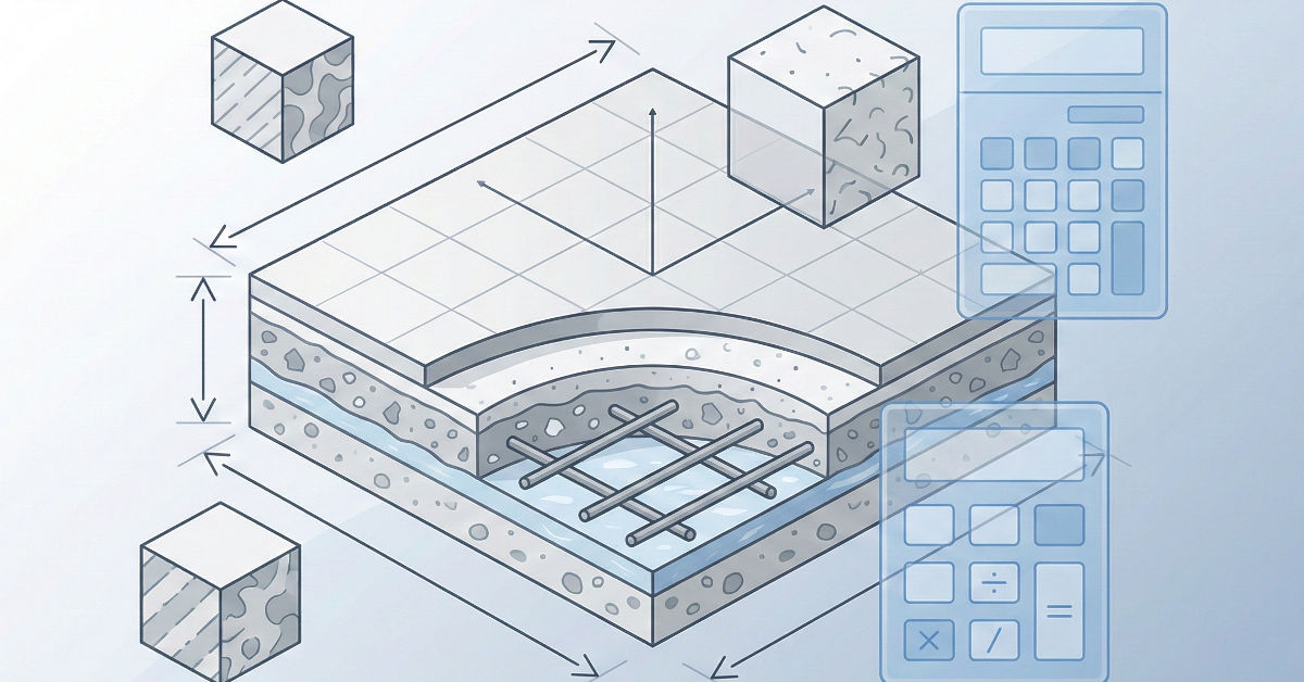 Concrete slab measurement tools with calculator and construction planning visuals