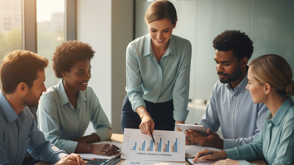 Small nonprofit team reviewing charity budget and finances together at a table