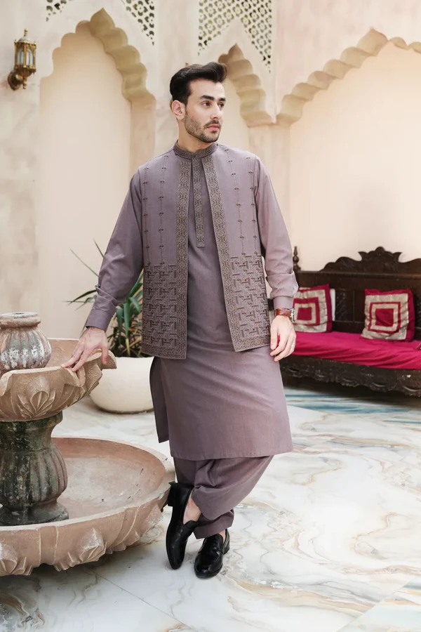 Brown Kameez Shalwar with Embroidered Waist Coat
