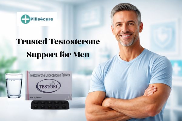 Testoki Tablet testosterone support image showing confident middle-aged man with Testosterone Undecanoate tablets by pills4cure for men’s health