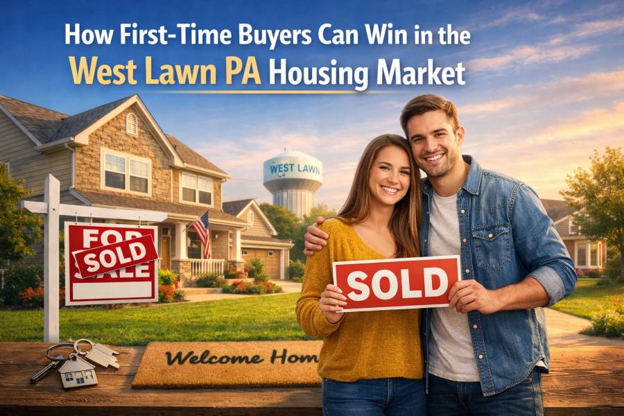 Smiling first-time homebuyers holding a sold sign in front of a suburban home in West Lawn, Pennsylvania, representing success in the local housing market.